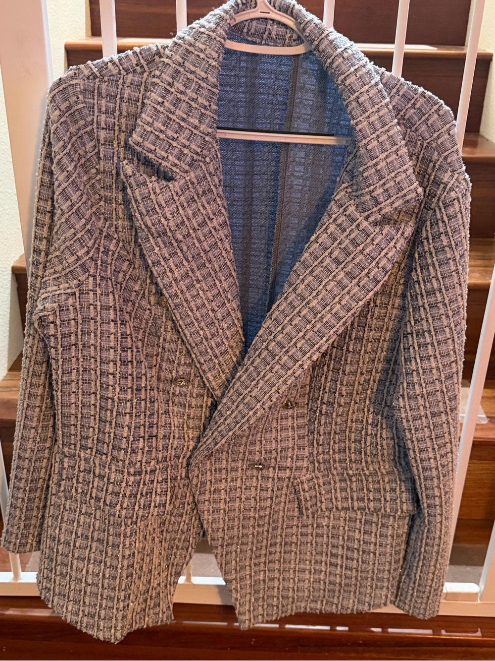 Classic Tweed Double-Breasted Women's Jacket - light blue and white plaid